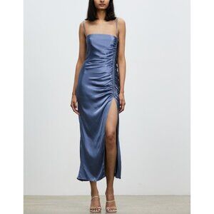 Shona Joy Lily Ruched Midi Slip Dress Satin Bias Blue Smoke Bridesmaid Party 6